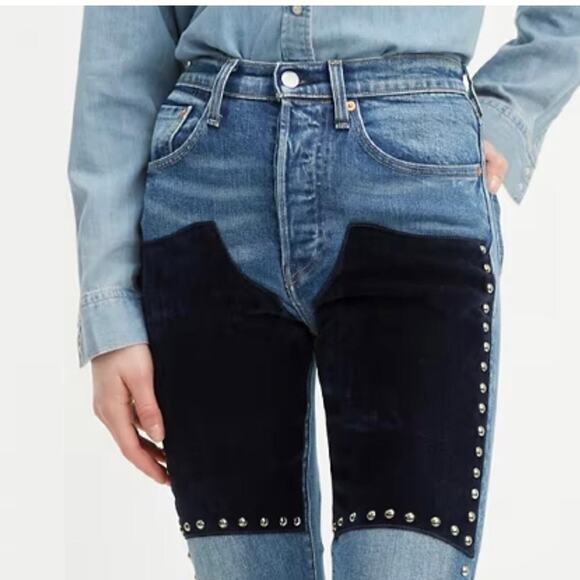 Levi’s x Free People 501 Skinny Studded Patch Jeans Blue Black Velvet Detail 26 - Picture 2 of 13
